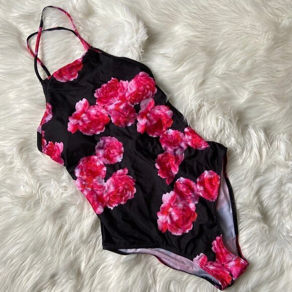Zaful Black Pink Floral lace up Swimsuit M… - Picture 2 of 8